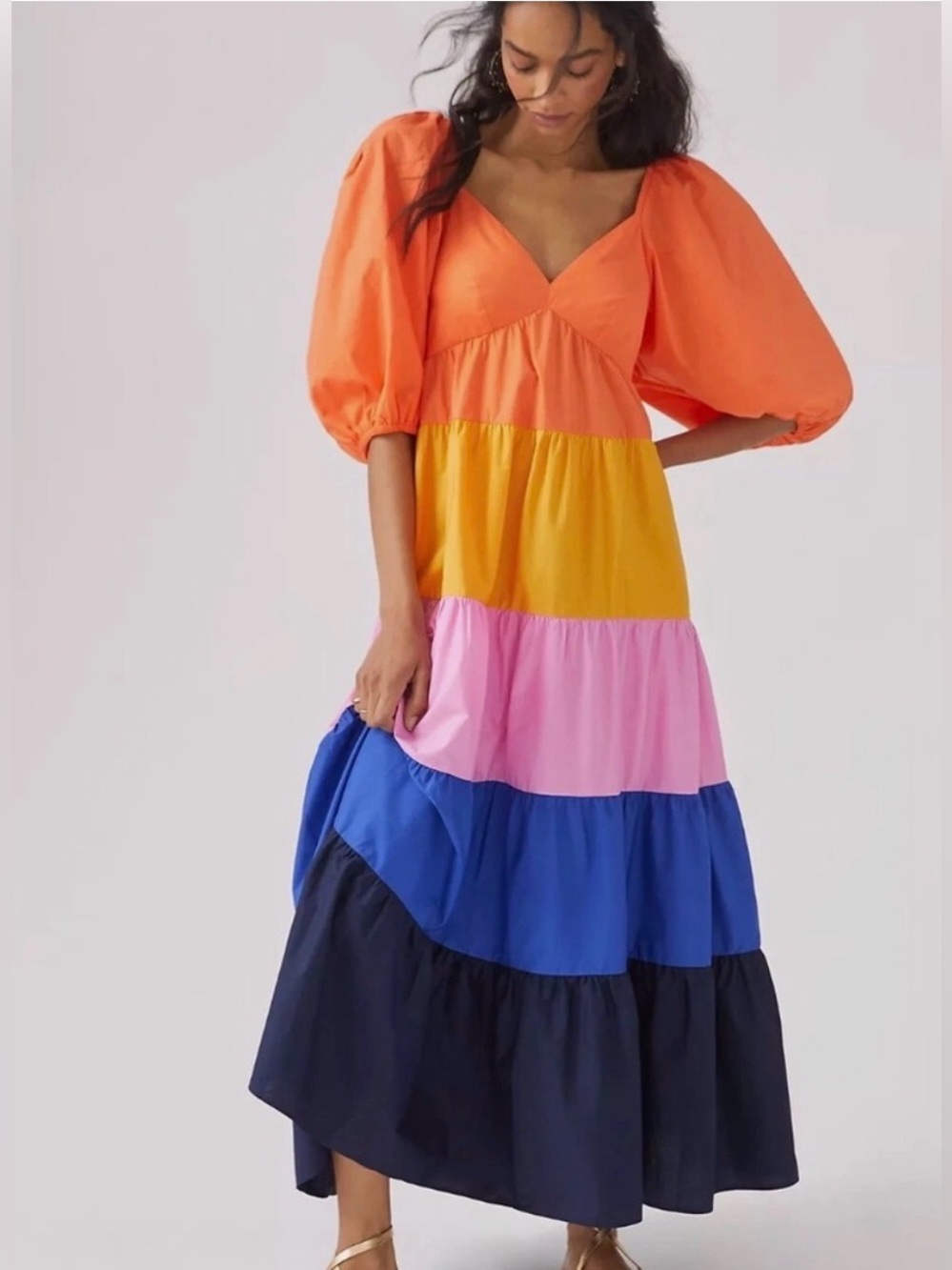 Anthropologie FARM Rio Orange Multi Tiered Puff-Sleeve Maxi Dress